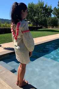 Amazing Mummy & Me <b>Matching</b> Perfect Fit White & Yellow Striped Summer Outfit Decorated With Floral Embroidered & Pom Pom Trim - Product Image 4