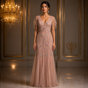 Vestido de Noche Largo de Sirena con Bordado Floral Moderno en Rosa Rubor de Lujo para Mujer |   Vestido Largo de Fiesta con Cuentas para Recepción de Boda - Product Image 2