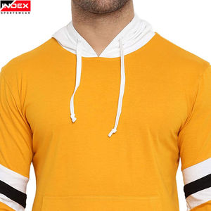 Sweat-shirt à capuche pour homme INDEX, jaune uni, tricoté, coupe classique, décontracté, pour l'automne, avec poche et manches rayées - Product Image 3