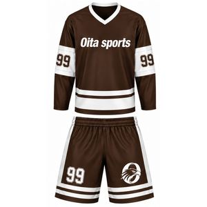 Men Brown Sublimated Ice Hockey Set Jersey Shorts Polyester Striped <b>Athletic</b> Sportswear Team Training Match Apparel - Product Image 1