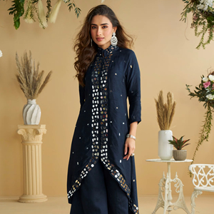 Salwar Kameez Negro de Seda para Mujer, Moderno y Elegante, con Trabajo de Espejos Reales, para Fiestas, Bodas y Diwali - Product Image 1