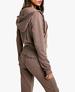 Ensemble de survêtement deux pièces personnalisé pour femme, en molleton 100% coton, avec sweat à capuche zippé et pantalon de jogging, brodé, orné de strass et de dentelle, effet vieilli, couleur unie, pour l'hiver - Product Image 2