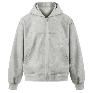 Nueva llegada, sudadera con capucha unisex gris personalizada de algodón/poliéster con cremallera, estilo oversized, con detalles de diamantes de imitación, ropa informal de calle. - Product Image 1