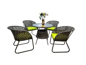 Ensemble de jardin en rotin d'extérieur, table ronde 4 places avec coussins verts, style contemporain, meubles résistants aux intempéries - Product Image 1