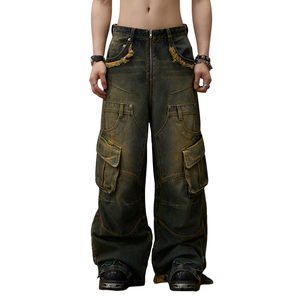 Pantalon cargo en jean délavé pour homme, taille haute, coupe ample, style streetwear, en coton mi-lourd, personnalisé - Product Image 4