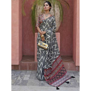 Impresionante Sari para eventos de crepé con estampado digital negro con blusa, ropa Zeel sin costuras - Product Image 1