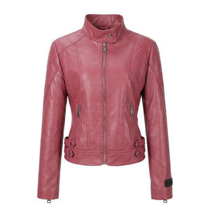 Chaqueta de Cuero Sintético Rosa para Mujer, Marca Kadia, con Logotipo Personalizado 2026, Corte Ajustado, Estilo Motero, con Cuello Alto y Hebillas Ajustables - Product Image 1