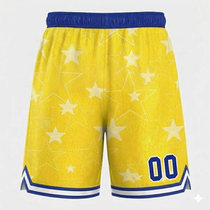 Shorts de basketball personnalisés pour hommes, bleu et jaune, impression par sublimation, séchage rapide, sportifs, avec cordon de serrage à la taille, longueur mi-cuisse, pour entraînement et sport - Product Image 6