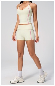Cream Two Piece Yoga Set Halter <b>Crop</b> <b>Top</b> High Waist Shorts Contrast Stitch Seamless Breathable Spandex Polyester - Product Image 3