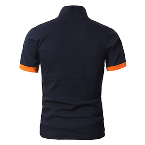 Men's Short Sleeve <b>Polo</b> Shirt Navy <b>Orange</b> Trim Cotton Pique Casual Breathable Solid Color Knitted Design - Product Image 2