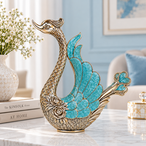 Sculpture de luxe en métal Paon et Cygne avec motif de plumes émaillées turquoise, finition or antique, pièce décorative d'oiseau - Product Image 6