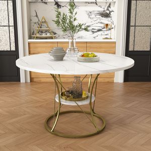 Mesa de Comedor Redonda Extensible de 43 Pulgadas con Base de Metal Dorado y Chapa de Mármol, Mesa de Cocina Estilo Rústico con Estante de Almacenamiento para 4-6 Personas - Product Image 6