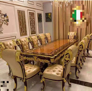 Juego de mesa de comedor vintage europeo blanco con acabado envejecido y sillas tapizadas con respaldo ovalado, disponible a precios de mayorista. - Product Image 4