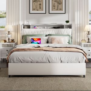 Struttura letto matrimoniale in metallo con testiera ergonomica e prese di ricarica, piattaforma letto con struttura resistente per mobili matrimoniali - Product Image 6