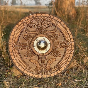 Escudo Vikingo Hecho a Mano por Ahmad Fabric, Arte Mural de 24 Pulgadas, Madera Contrachapada, Construcción de Acero al Carbono, Centro de Acero, Diseño con Runas Nórdicas - Product Image 4