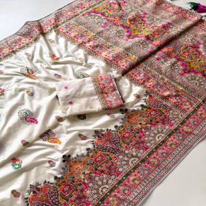 VASTRA COTTAGE Sari de Seda Pura Rajwadi Pashmina con Pallu de Hilo Cachemir, Borde Pesado y Borlas, con Pieza de Blusa - Product Image 4