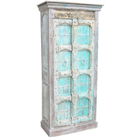 Armoire en bois massif turquoise vieilli sculptée à la main Haswani Handicrafts, meuble de rangement vintage durable d'origine Rajasthan