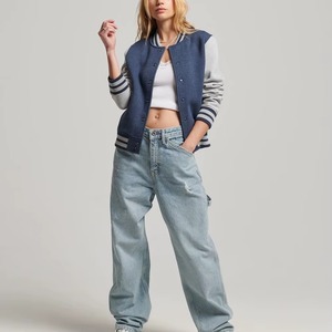 Classic Blue Varsity <b>Jacket</b> Grey Sleeve Letterman Coat Casual Baseball <b>Jacket</b> for <b>Lady</b> College Style Sportswear Button Up Women - Product Image 4