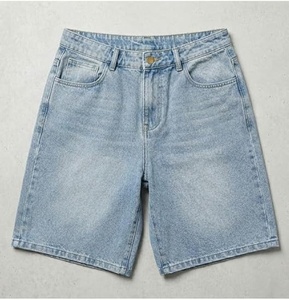 Shorts Bermuda en jean bleu clair taille haute pour homme, décontractés, en coton délavé, avec braguette boutonnée, motif uni - Product Image 1