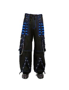 Punk Style <b>Men's</b> <b>Black</b> <b>Pants</b> With Blue Stripes Chains Multiple Pockets Elastic Waist Drawstring Closure Autumn Fashion - Product Image 1