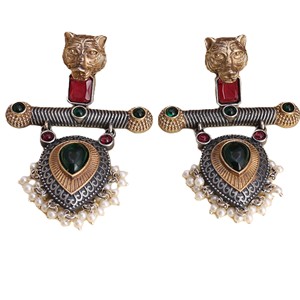 ARTS JEWELS Antique <b>Silver</b> Plated Brass Ethnic <b>Dangle</b> Drop <b>Earrings</b> with Red and Green Stones for Women's Party Occasions - Product Image 1