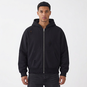 <b>Men's</b> <b>Blue</b> Hooded Zip-Up Sweatshirt 100% Cotton French Terry Oversized Casual Autumn Wear - Product Image 5