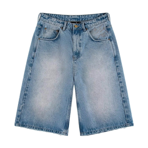 Jorts en jean bleu clair délavé pour hommes, coupe ample, longueur genou, style baggy, décontracté, streetwear, mode estivale - Product Image 1