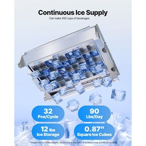 Macchina per il Ghiaccio Commerciale da Cucina in Acciaio Inossidabile, da Banco, 90 Libbre/24h, 12 Libbre di Capacità di Stoccaggio, 32 Cubetti per Ciclo - Product Image 2