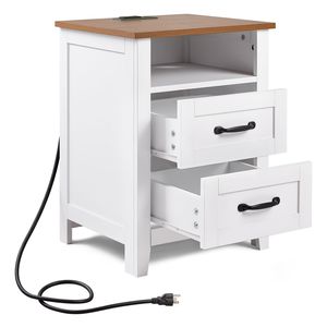 Comodino in Stile Rustico con Stazione di Ricarica, 2 Cassetti e Ripiano Aperto, Tavolino d'Appoggio Rustico, Mobile Contenitore per Camera da Letto e Soggiorno - Product Image 1