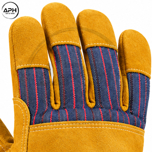 Heavy Duty Yellow Split Cowhide Leather Rigger Gloves Striped Canvas Back Rubberized Cuff Industrial <b>Builder</b> Mechanic Work Glove - Product Image 4