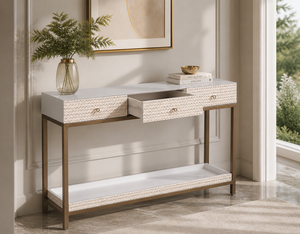 Mesa Consola Moderna Blanca con 3 Cajones, Mesa de Entrada para Sofá, Mueble de Almacenamiento Tejido para Pasillo y Sala de Estar - Product Image 2