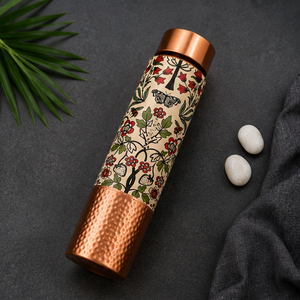 Bouteille d'eau en cuivre pur artisanale, écologique, imprimée de motifs floraux et de papillons, portable, personnalisable, traditionnelle - Product Image 5