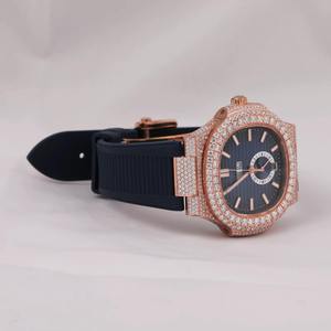 Reloj de Lujo para Hombre, con Cuarzo, Oro Rosa, Diamantes, Estilo Antiguo, Simple, con Esfera Azul VVS Moissanite, Correa de Goma Personalizada Estilo Hip Hop - Product Image 4