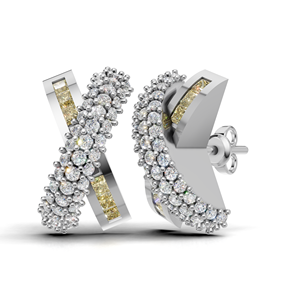 ต่างหูแบบห่วงไขว้ประดับเพชรทรงบาแกตต์และทรงกลมทองคำ 18K สุดหรู - Product Image 1