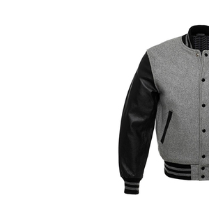 Chaqueta Varsity Gris para Hombre con Mangas de Cuero Negro, Cuello Camisero, Corte Regular, Color Sólido, Cierre de Cremallera, para Otoño - Product Image 2