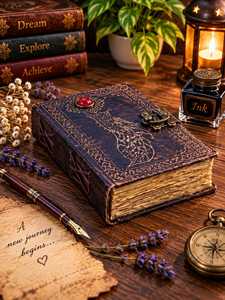 สมุดบันทึกปกหนังหมาป่าทำมือ ขนาด 7x5 นิ้ว สลักลายพระจันทร์ สไตล์โกธิค พร้อมกระดาษขอบหยักประดับหินสีแดง - Product Image 1