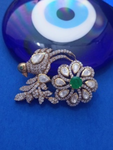 Broche unisexe en argent 925 plaqué or, faite à la main, en forme d'oiseau, avec pierre Polki doublette verte, pour bijoux et vêtements de mariage indien - Product Image 5
