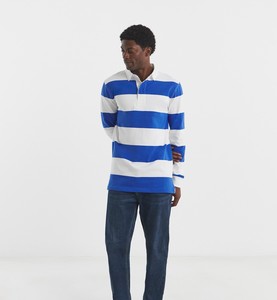Chemise de rugby en coton rayée bleu et blanc pour homme, manches longues, col boutonné décontracté, vêtement d'été - Product Image 2