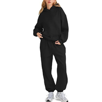 Ensemble de survêtement en molleton pour femme, 2 pièces, sweat-shirt à capuche et pantalon de survêtement, coupe ample décontractée, noir uni, pour toutes les saisons
