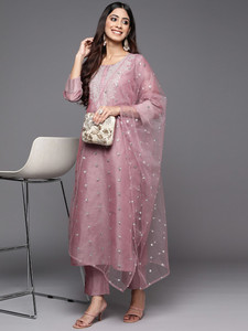 Pink Embroidered Silk Quick Dry Multi-Season <b>Kurta</b> Set Dupatta Regular Fit Knee Length Traditional Wear <b>Women</b> India Pakistan - Product Image 1