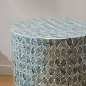 Blue Grey Quatrefoil Cylinder <b>Stools</b> Mother of Pearl Handcrafted Mosaic Small Side <b>Table</b> For Living Room Bedroom Decor Use - Product Image 2