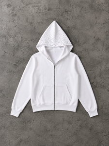 <b>Men's</b> <b>White</b> Hooded Zipper <b>Sweatshirt</b> Regular Fit Solid Color Cotton Fleece Breathable 350g Casual Winter Wear - Product Image 3