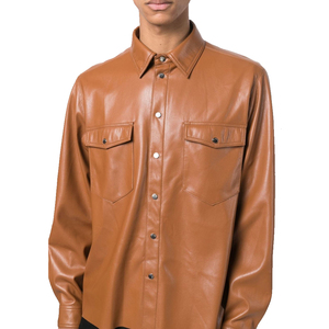 Men's Brown Leather Shirt Full Sleeve Turn-<b>down</b> Collar Casual Solid Color Autumn Style - Product Image 4
