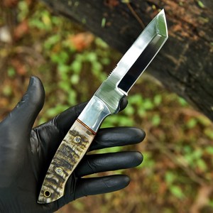 UA Supplies Tanto Style <b>Mirror</b> Polish Stainless Steel Hunting Fixed Blade Knife <b>Clip</b> Point 0.5mm Thickness Natural Ram Horn - Product Image 2