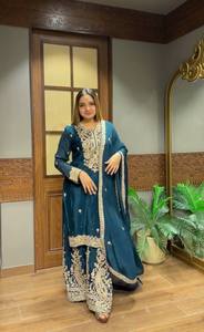 Kurti en soie chinon lourde avec broderie, cordonnet et travail de sequins, entièrement cousu, ensemble ethnique pour femme avec plazzo et dupatta assortis - Product Image 4