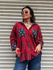 Men's <b>Boho</b> Printed Long Sleeve <b>Shirt</b> Red Chiffon Loose Fit Turn-down Collar Chinese Style Embroidered Vacation <b>Shirts</b> Summer - Product Image 1