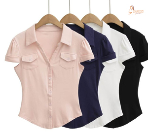 Camisa de Manga Corta para Mujer, Cuello Camisero, Color Sólido, Blusa Casual con Bolsillos, Corte Regular - Product Image 1