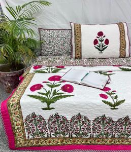 Floral Quilt <b>Set</b> 3 Pcs Hand Block Printed Cotton Reversible <b>Bedspread</b> With Pillow Covers Indian Design All Season Home Use - Product Image 1