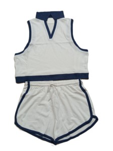 Ensemble short 2 pièces à carreaux pour filles, sans manches, col double, longueur intégrale, séchage rapide, robe d'été décontractée 100% coton - Product Image 3