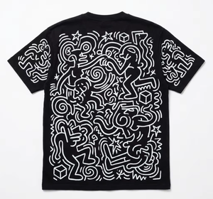 Camiseta Negra Extra Grande para Hombre, Estampado de Arte Abstracto con Líneas de Doodle, 100% Algodón, Estilo Casual Urbano, Manga Corta, Alta Calidad - Product Image 1